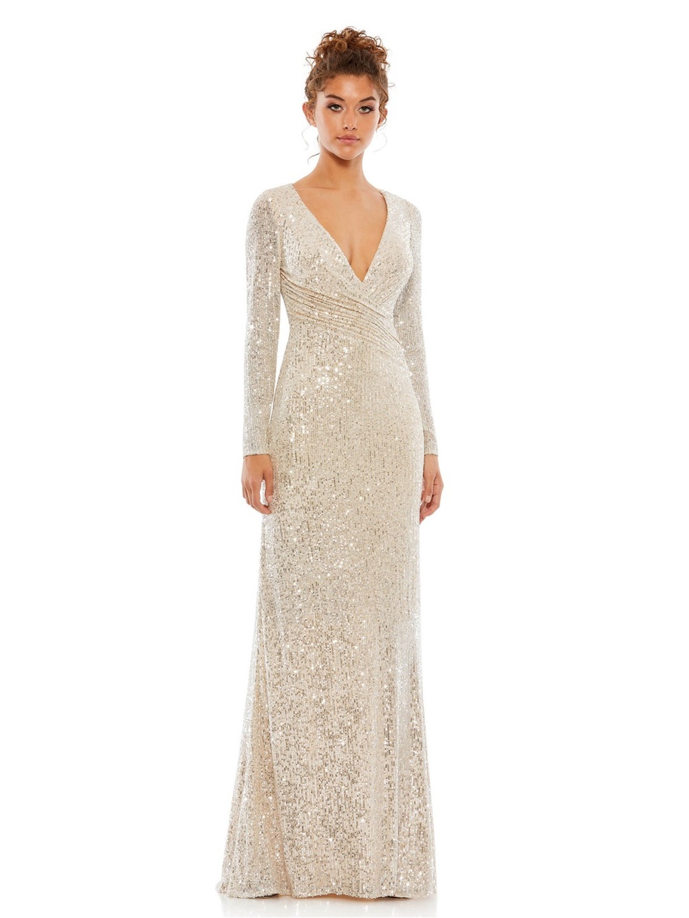 Gold Puff Shoulder Sequined Surplice Gown $398. Size 2. H
